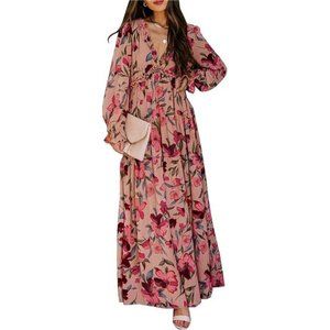 Womens Casual Floral Deep V Neck Long Sleeve Long Evening Dress Cocktail Party